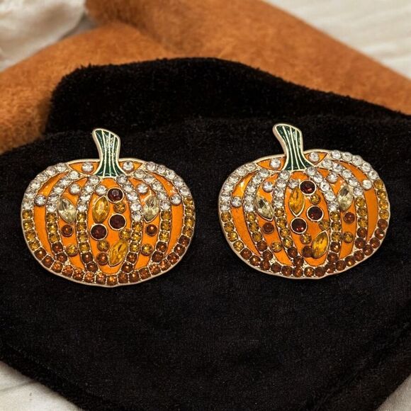 Large RhinestoneāPumpkin Earrings Fall Jewelry Pierced Ears Stud Posts Halloween - Picture 8 of 9